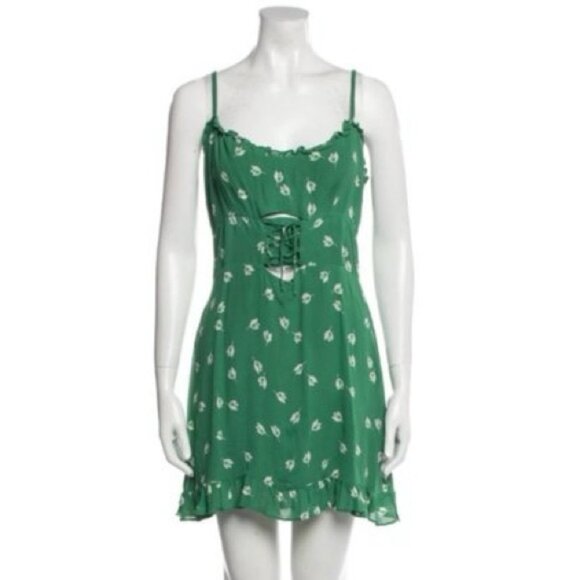 REFORMATION FRANNIE WHITE FLORAL TULIPS GREEN LACE UP TIE BUST 100% RAYON SZ 8 - Picture 2 of 3